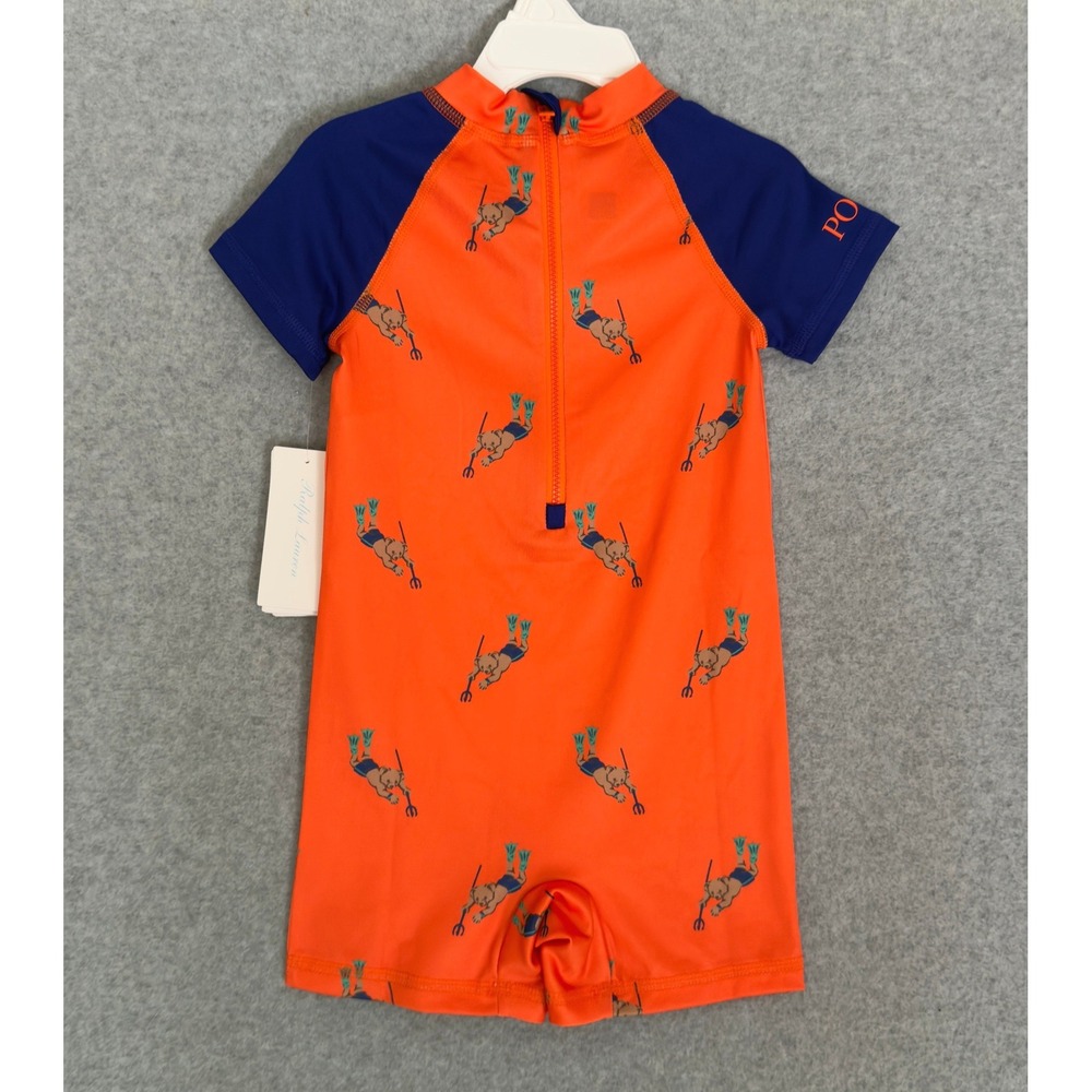 NEW! Ralph Lauren Rash Guard One Piece Kids 18M/24M Orange Polo Bear Scuba Diver